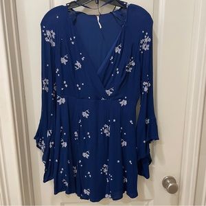 Free People Jasmine Embroidered Mini Dress with Fluted Sleeves in Marine